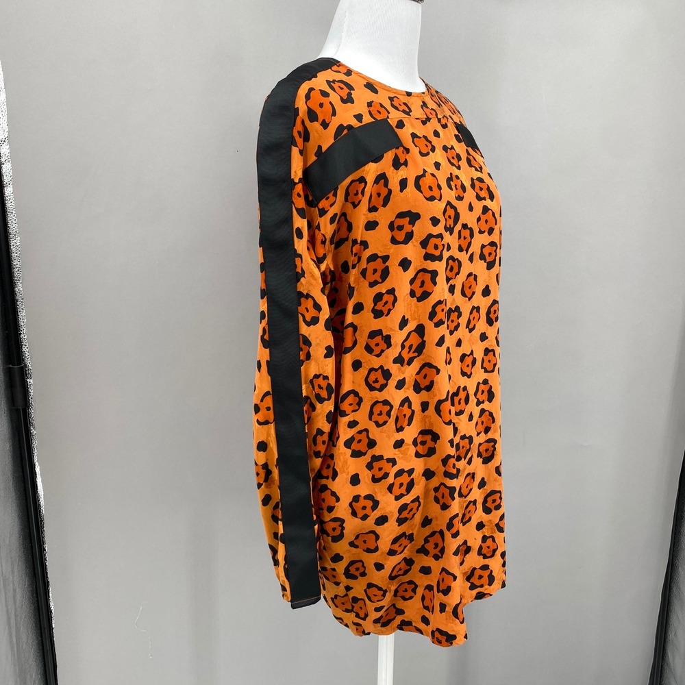 Vintage 80s 90s Silk Leopard Floral Print LS Top Orange Black Stripe Womens 6